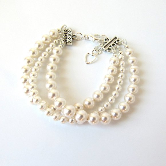 3 Strand Pearl Bracelet, White Pearl, Pearl Cuff Bracelet, Multi Strand - Picture 2 of 4